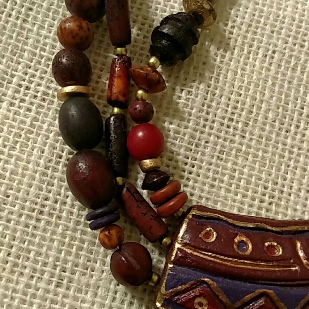 Bohemian Wood Beaded Brown Red And Black Long Chunky Necklace OS - Picture 3 of 5